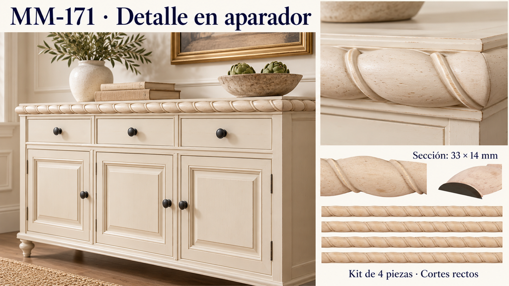 Kit 8 Molduras Media Caña Grabadas MM-171 de Madera | 55 cm c/u | Pino Natural
