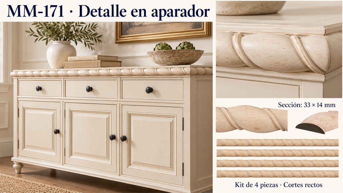 Kit 8 Molduras Media Caña Grabadas MM-171 de Madera | 55 cm c/u | Pino Natural