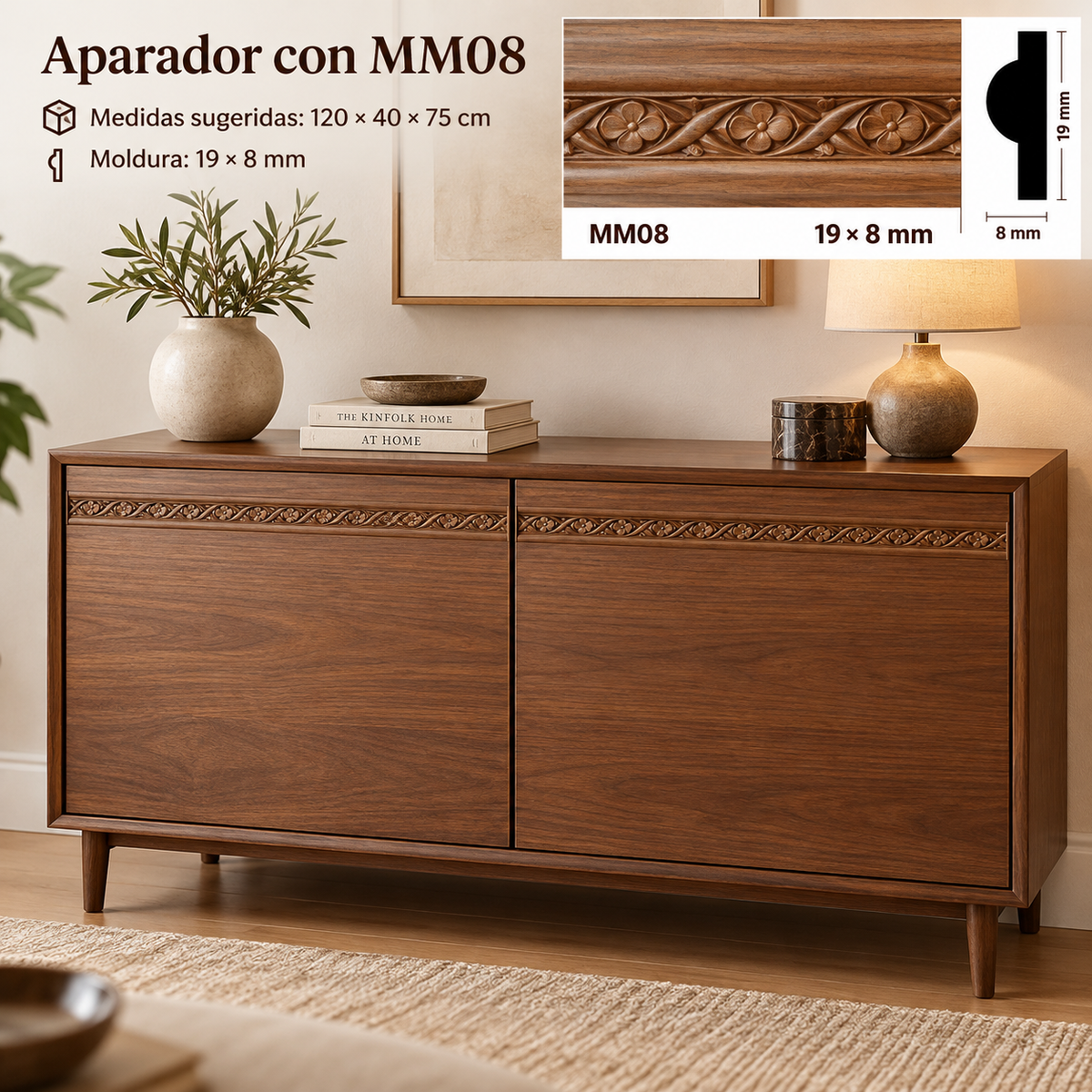 Moldura de madera grabada para mueble MM-08 – Kit de 4 piezas