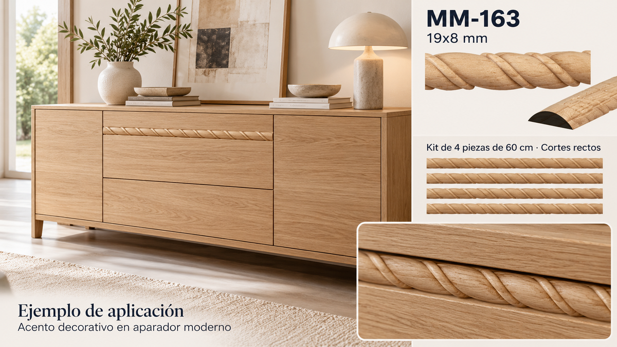 Kit 8 Molduras Media Caña Grabadas MM-163 de Madera | 55 cm c/u | Pino Natural