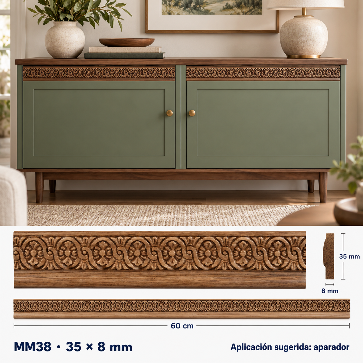 Moldura de madera grabada para mueble MM-38 – Kit de 4 piezas