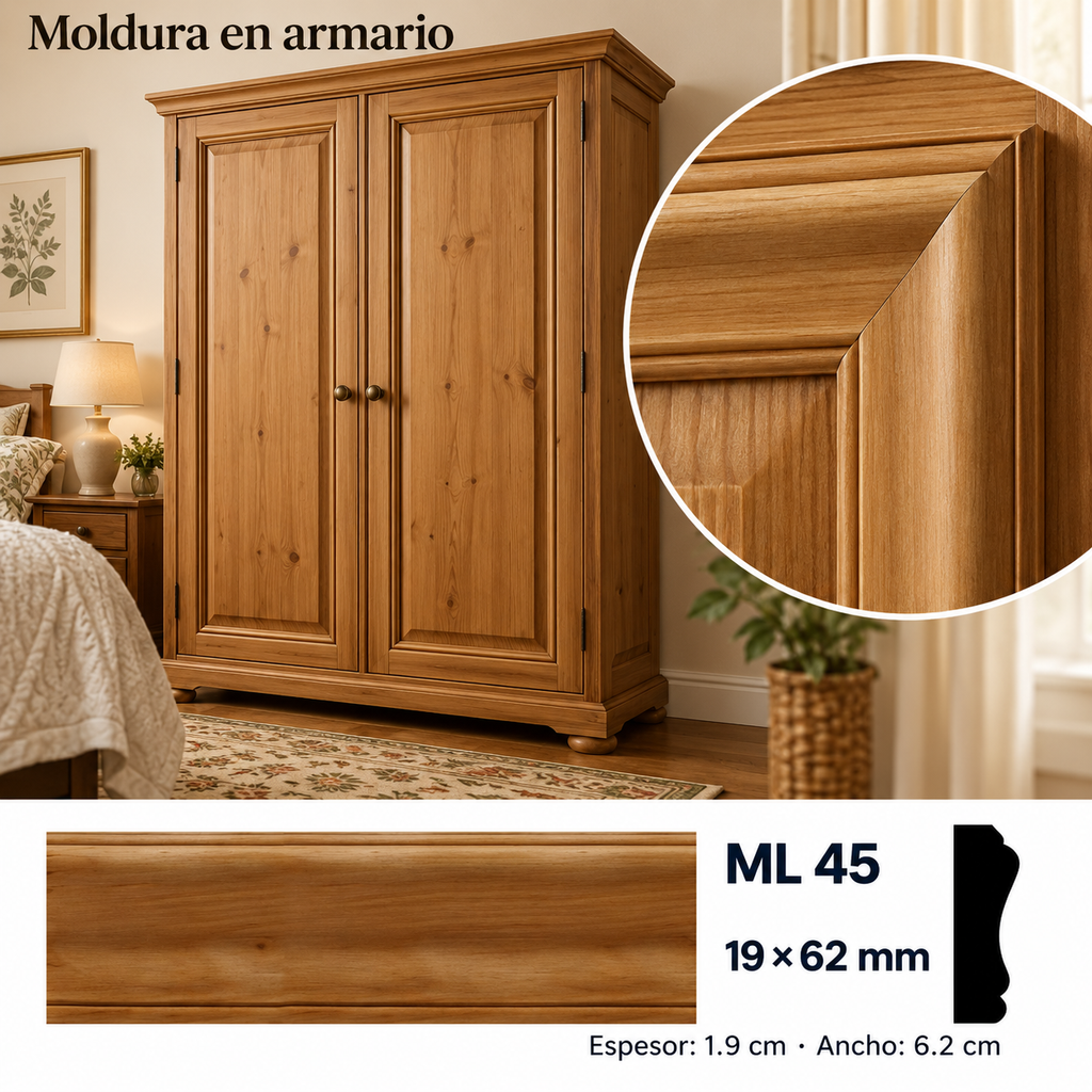 Moldura de madera lisa para mueble ML-45 – Kit de 4 Piezas