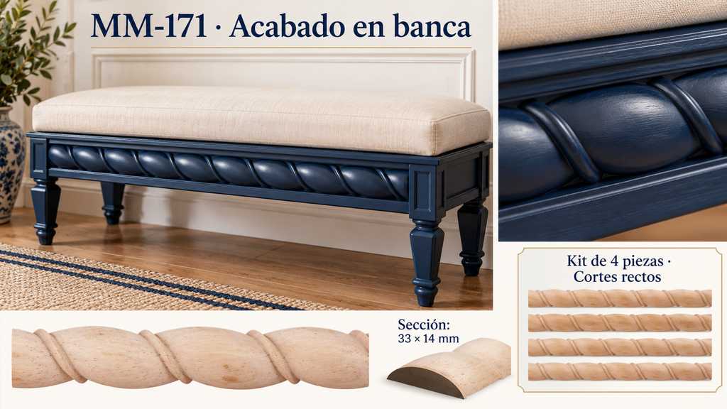Kit 8 Molduras Media Caña Grabadas MM-171 de Madera | 55 cm c/u | Pino Natural