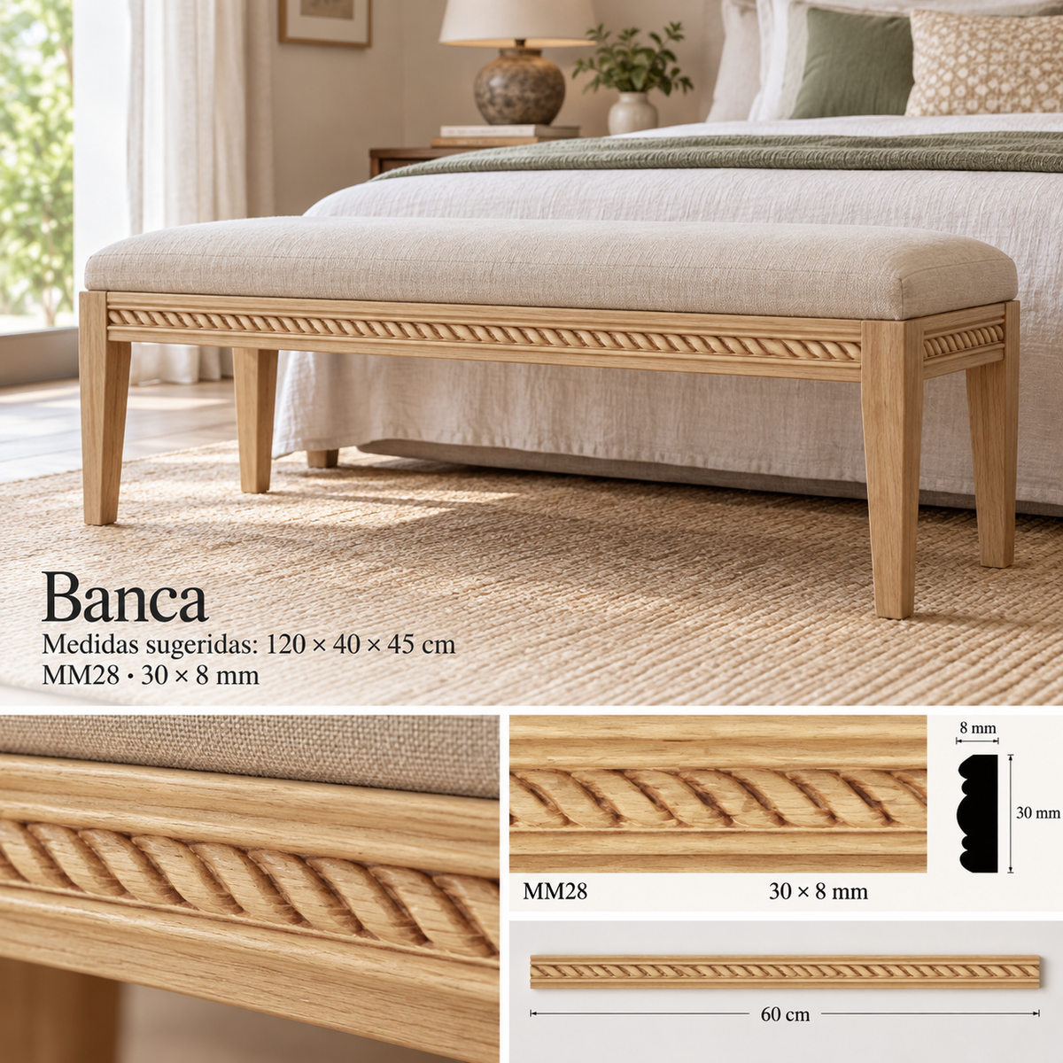 Moldura de madera grabada para mueble MM-28 – Kit de 4 piezas