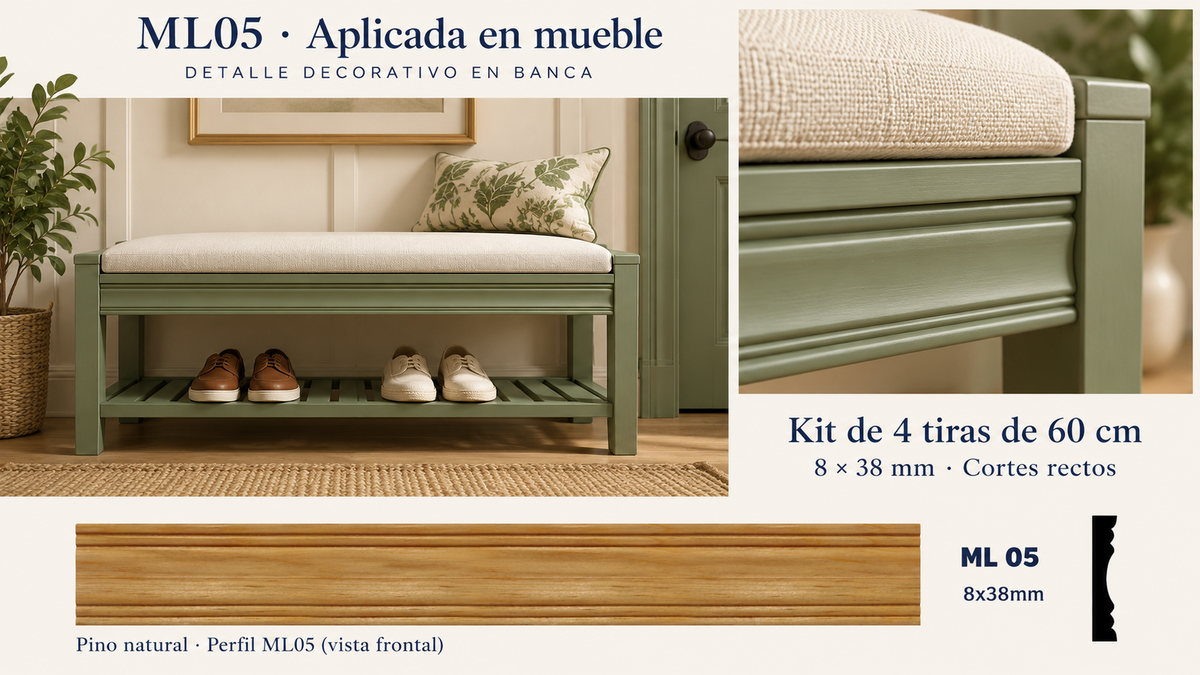 Moldura de madera lisa para mueble ML-05 – Kit de 4 Piezas TIPO PLACA