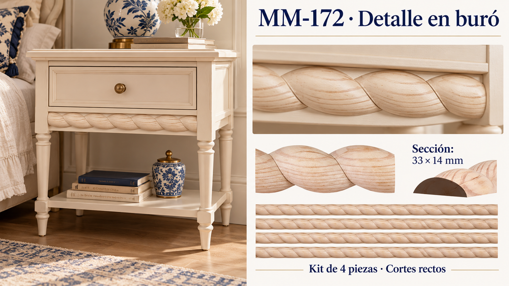 Kit 8 Molduras Media Caña Grabadas MM-172 de Madera | 55 cm c/u | Pino Natural