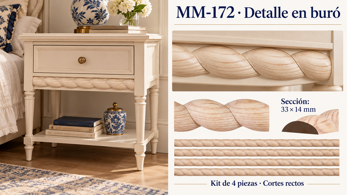 Kit 8 Molduras Media Caña Grabadas MM-172 de Madera | 55 cm c/u | Pino Natural