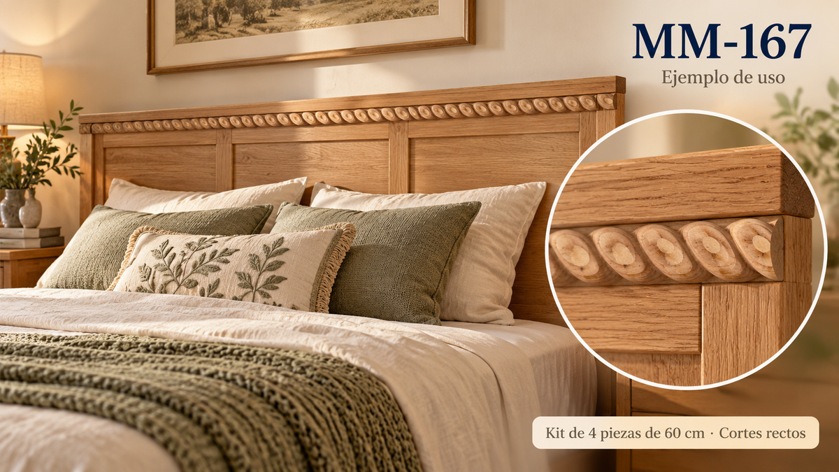 Kit 8 Molduras Media Caña Grabadas MM-167 de Madera | 55 cm c/u | Pino Natural