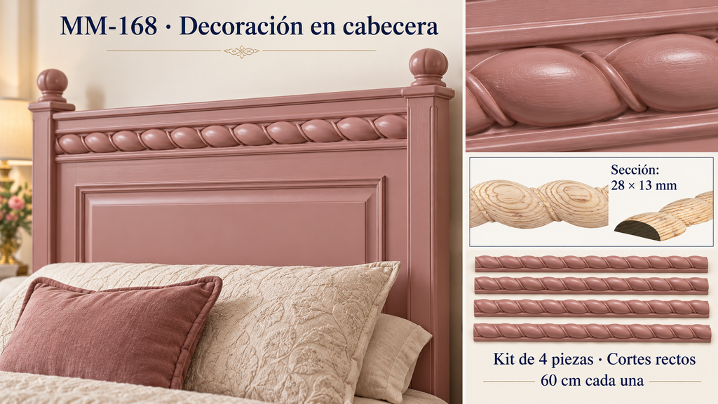 Kit 8 Molduras Media Caña Grabadas MM-168 de Madera | 55 cm c/u | Pino Natural