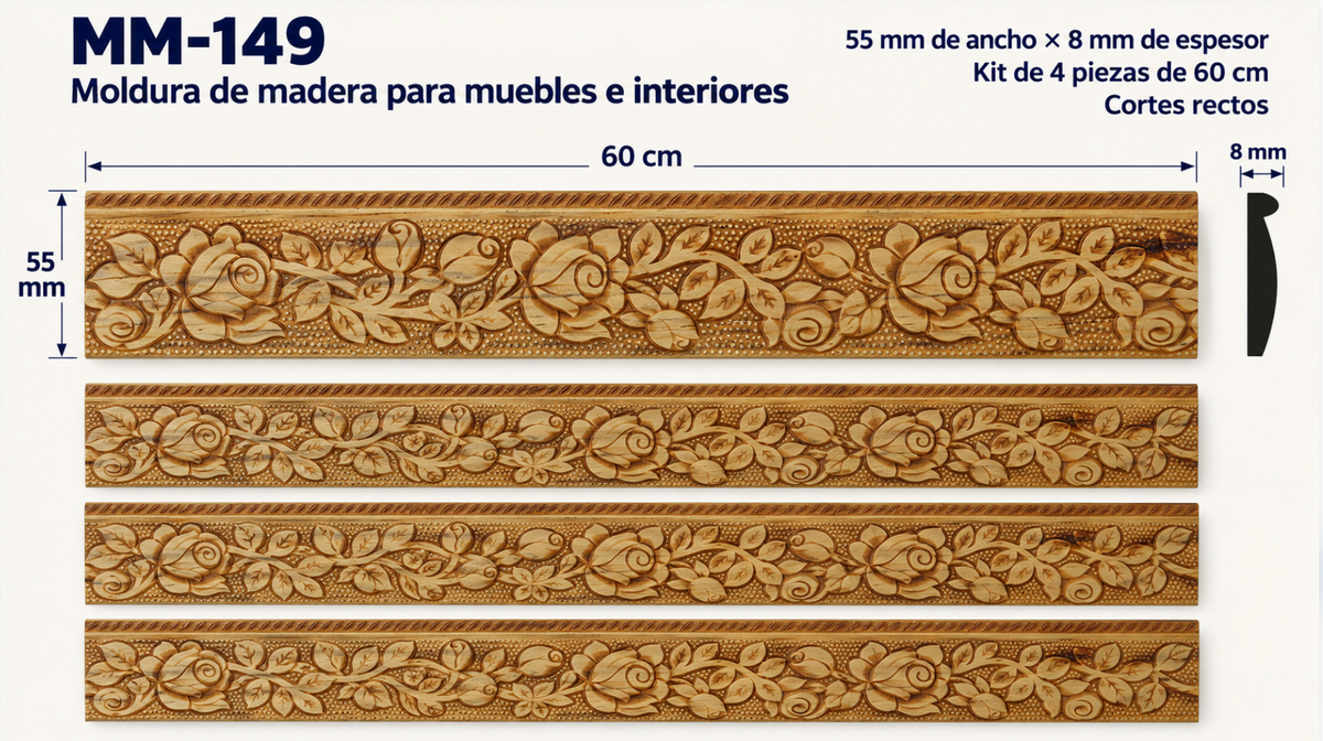 Moldura de madera grabada para mueble MM-149 – Kit de 4 piezas