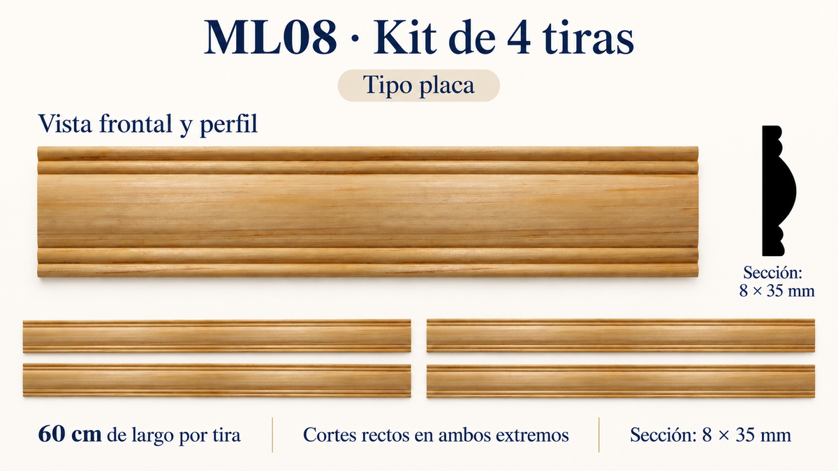 Moldura de madera lisa para mueble ML-08 – Kit de 4 Piezas TIPO PLACA