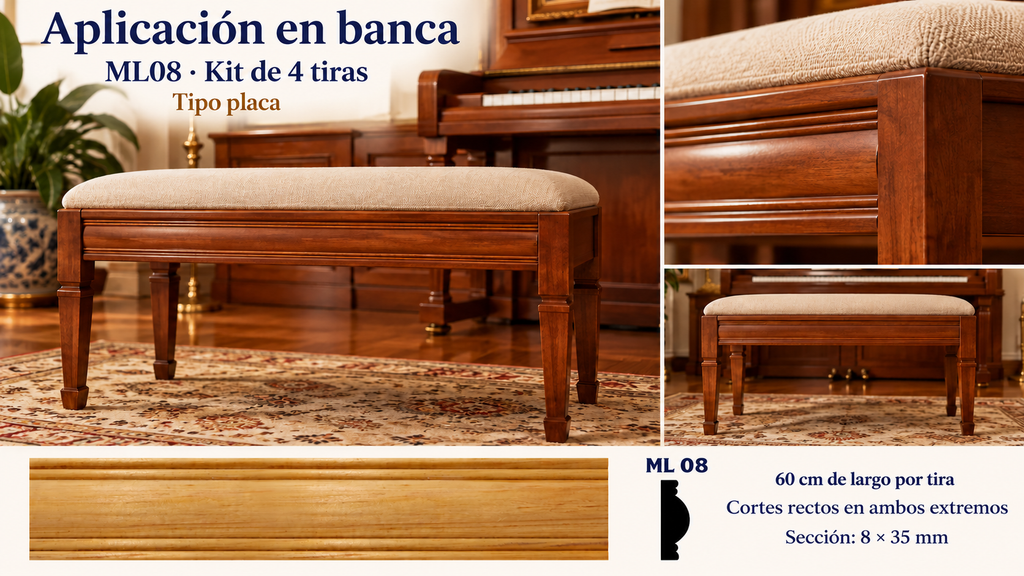 Moldura de madera lisa para mueble ML-08 – Kit de 4 Piezas TIPO PLACA