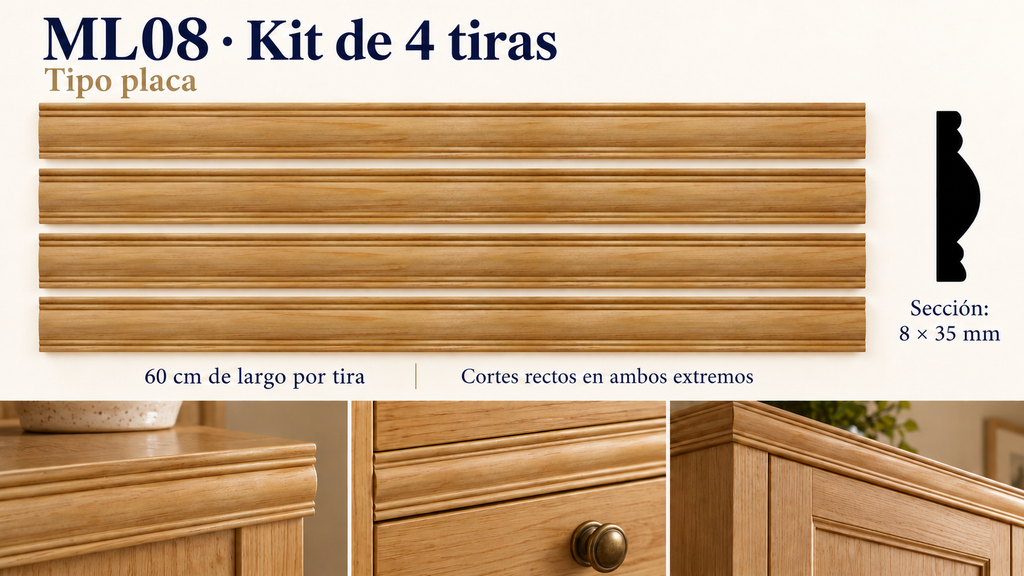 Moldura de madera lisa para mueble ML-08 – Kit de 4 Piezas TIPO PLACA