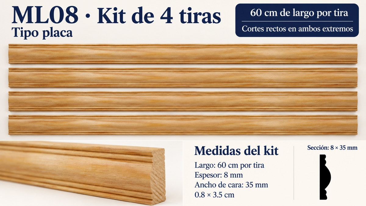 Moldura de madera lisa para mueble ML-08 – Kit de 4 Piezas TIPO PLACA