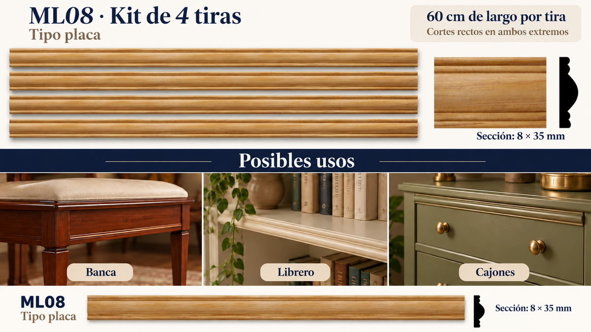 Moldura de madera lisa para mueble ML-08 – Kit de 4 Piezas TIPO PLACA