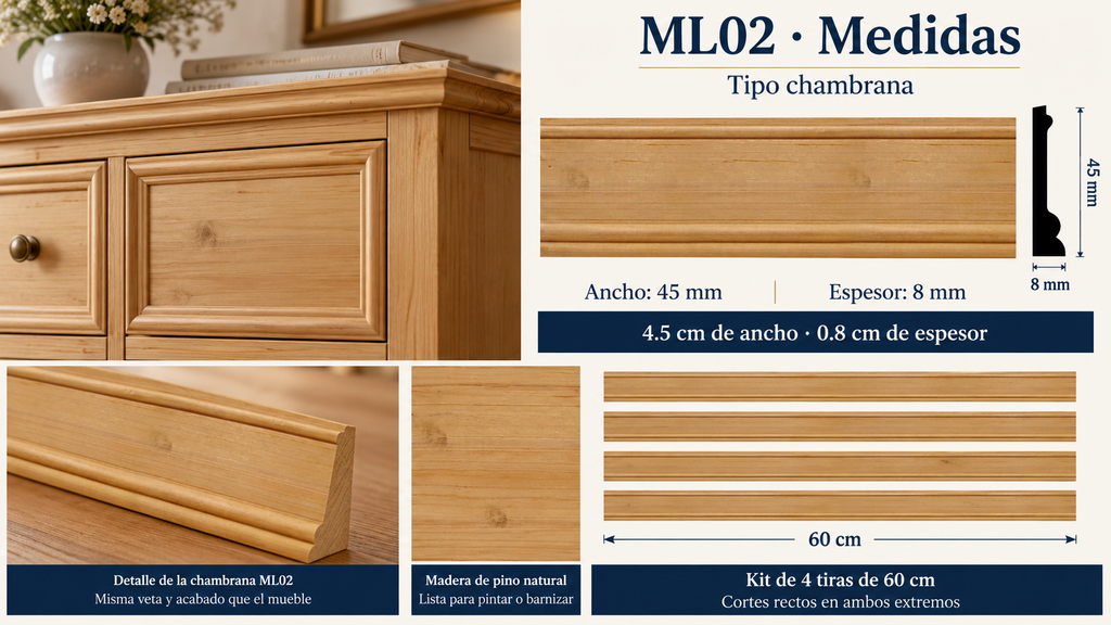 Moldura de madera lisa para mueble ML-02 – Kit de 4 Piezas TIPO CHAMBRANA