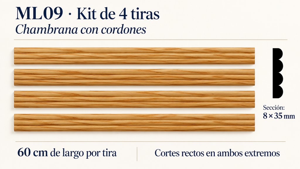 Moldura de madera lisa para mueble ML-09 – Kit de 4 Piezas TIPO CHAMBRANA CORDONES