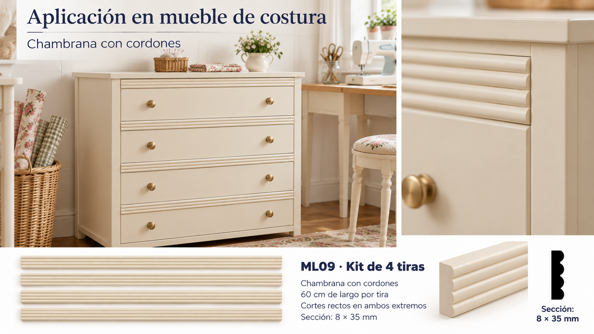 Moldura de madera lisa para mueble ML-09 – Kit de 4 Piezas TIPO CHAMBRANA CORDONES