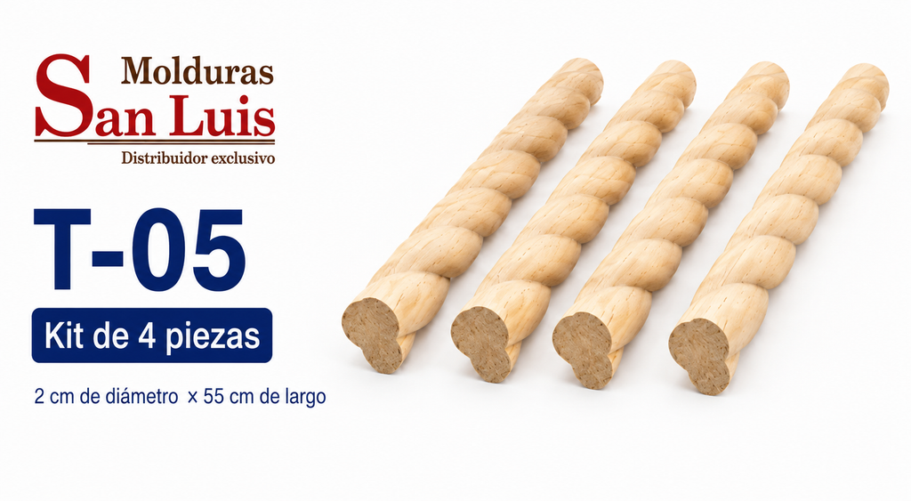 Kit 4 Bastones Trenzados T-05 de Madera | 55 cm c/u | Pino Natural para Proyectos DIY