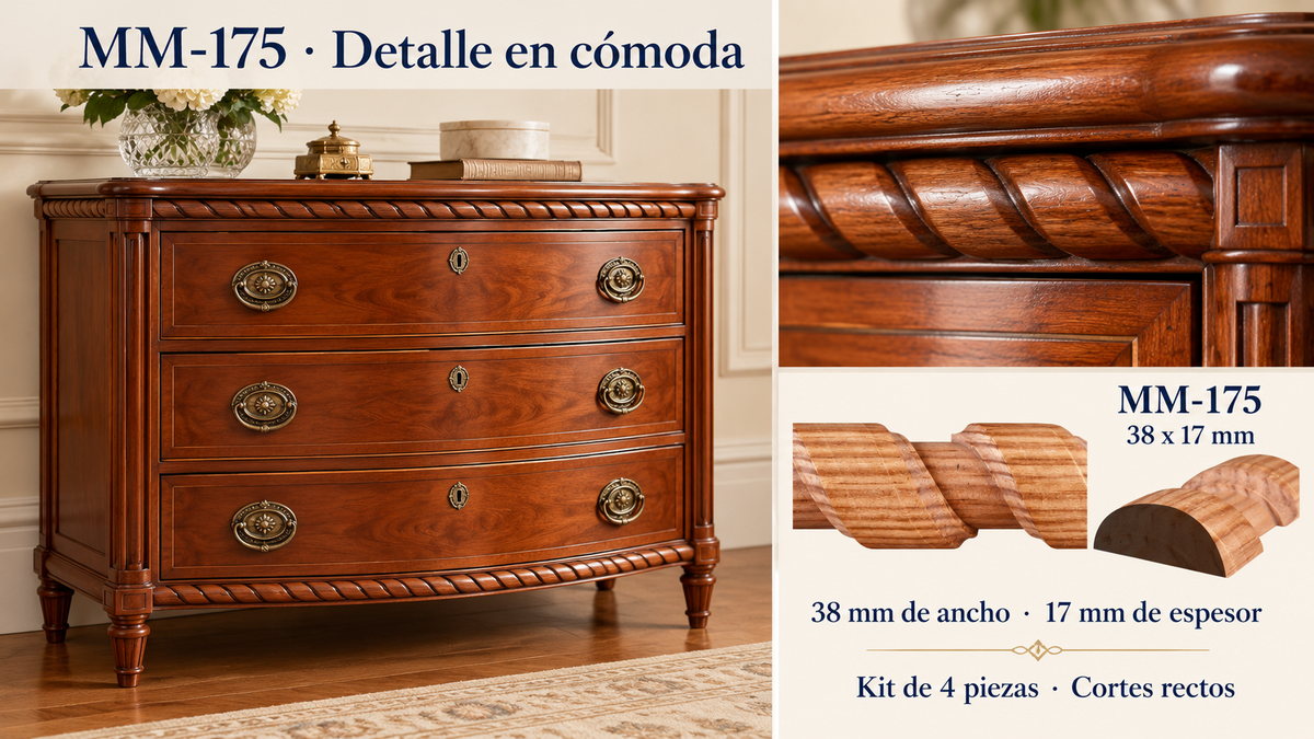 Kit 8 Molduras Media Caña Grabadas MM-175 de Madera | 55 cm c/u | Pino Natural