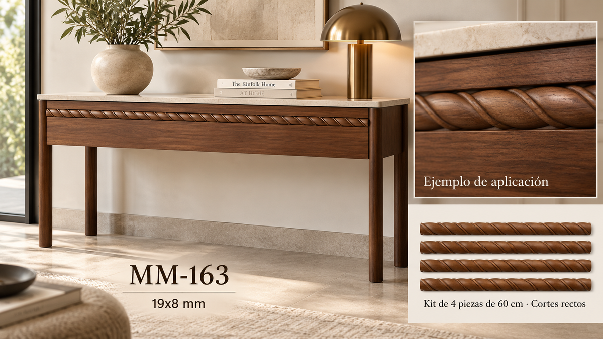 Kit 8 Molduras Media Caña Grabadas MM-163 de Madera | 55 cm c/u | Pino Natural