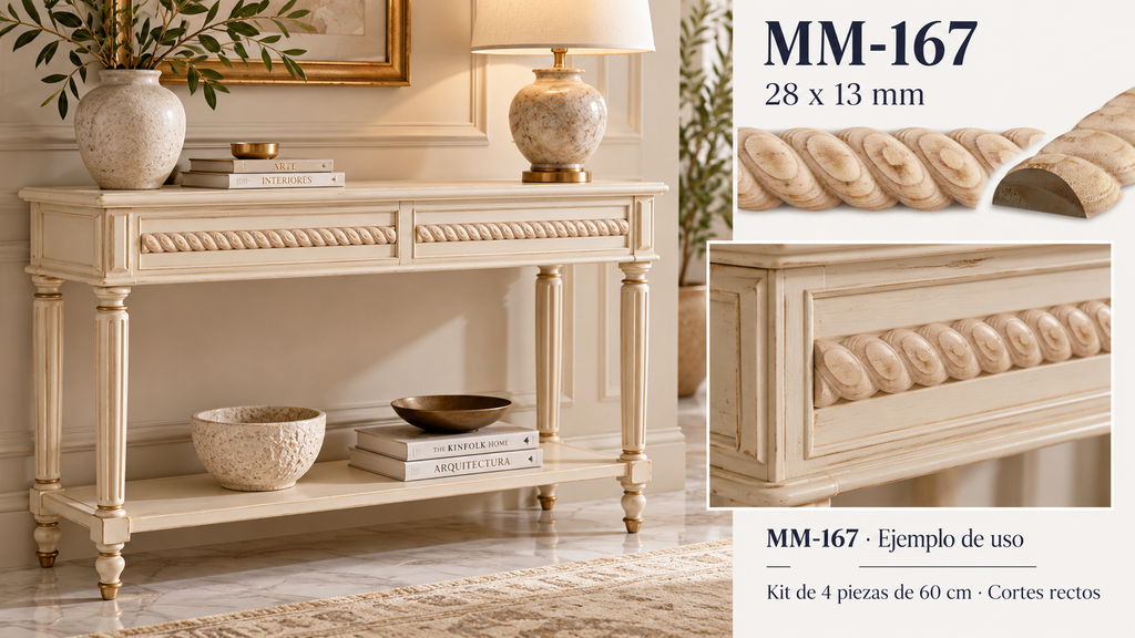Kit 8 Molduras Media Caña Grabadas MM-167 de Madera | 55 cm c/u | Pino Natural