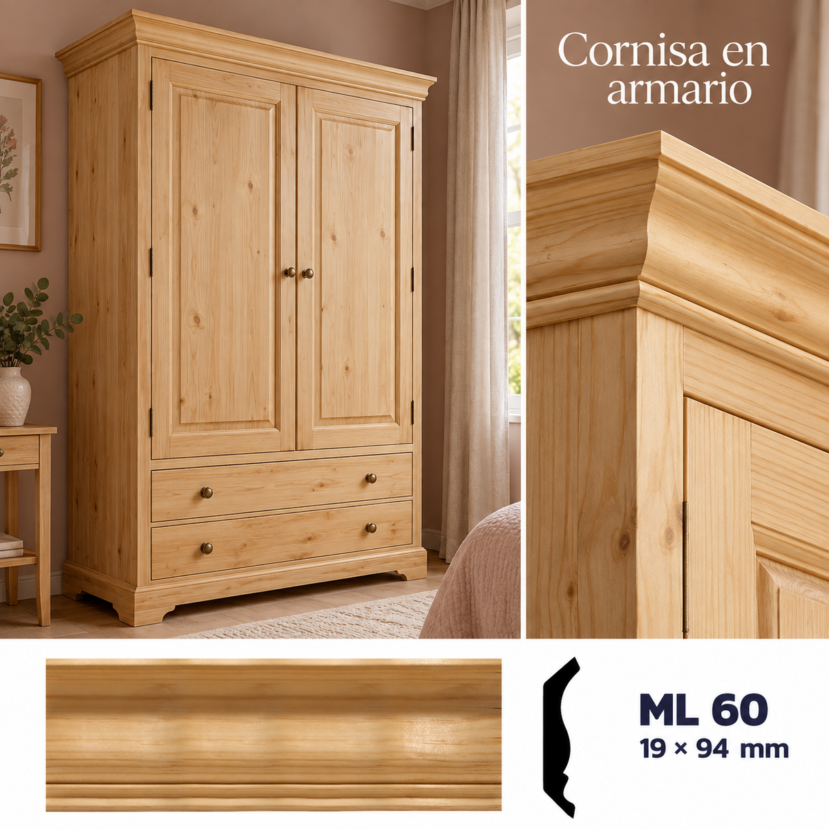 Moldura de madera lisa para mueble ML-60 – Kit de 4 Piezas ZOCLO