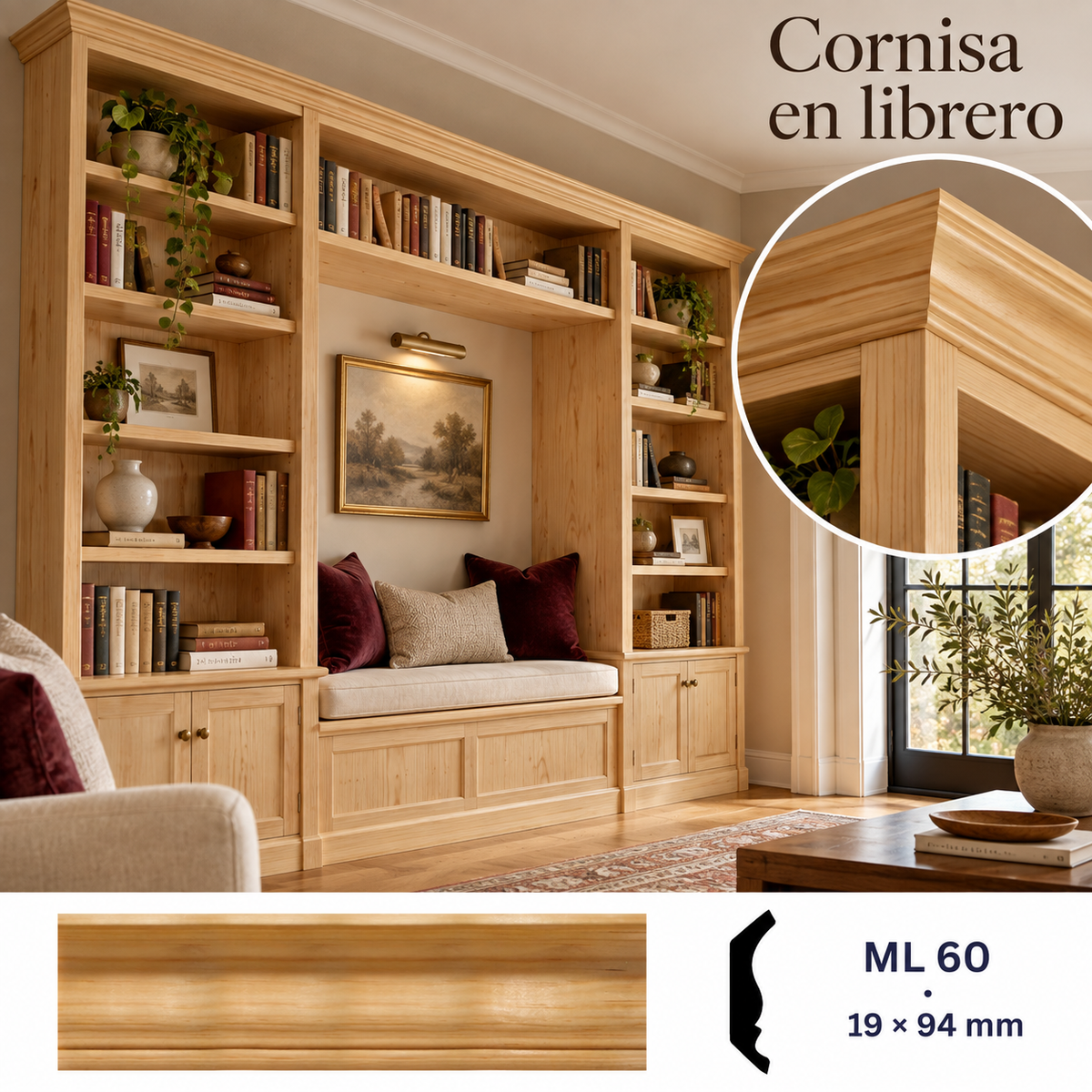 Moldura de madera lisa para mueble ML-60 – Kit de 4 Piezas ZOCLO