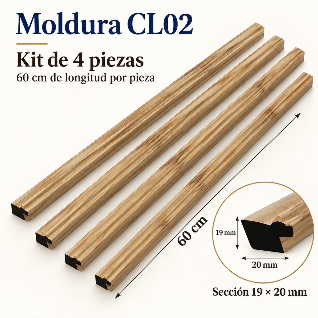 Moldura de madera lisa para marco CL02 – Kit de 4 piezas