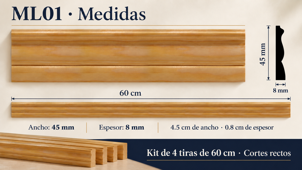 Moldura de madera lisa para mueble ML-01 – Kit de 4 Piezas TIPO CHAMBRANA
