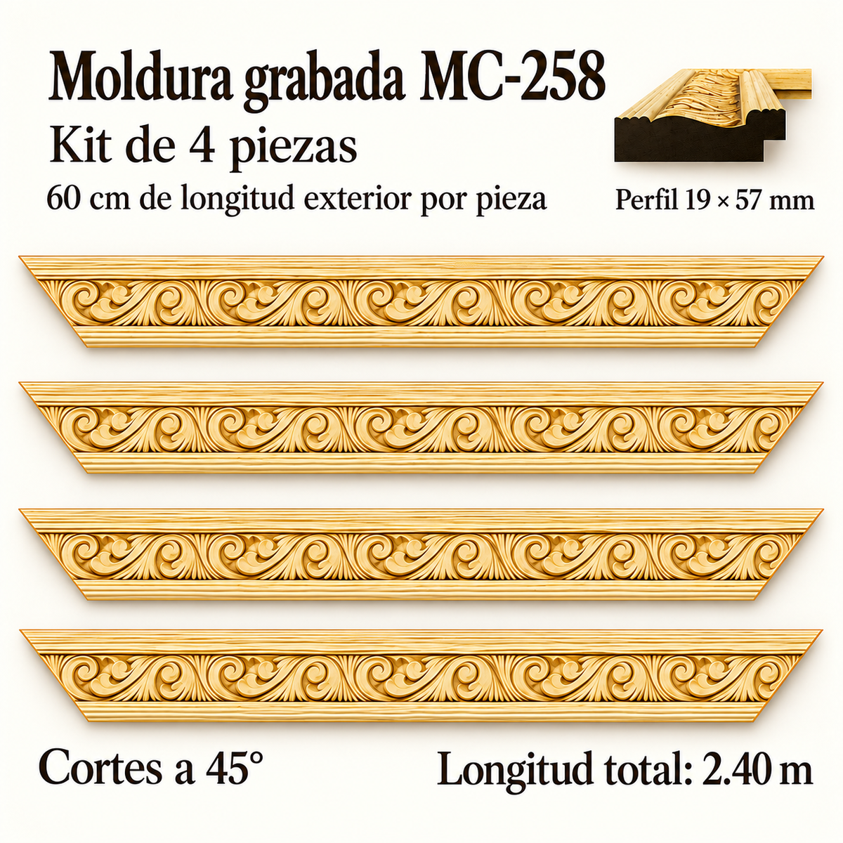 Moldura de madera grabada para marco MC258 – Kit de 4 piezas