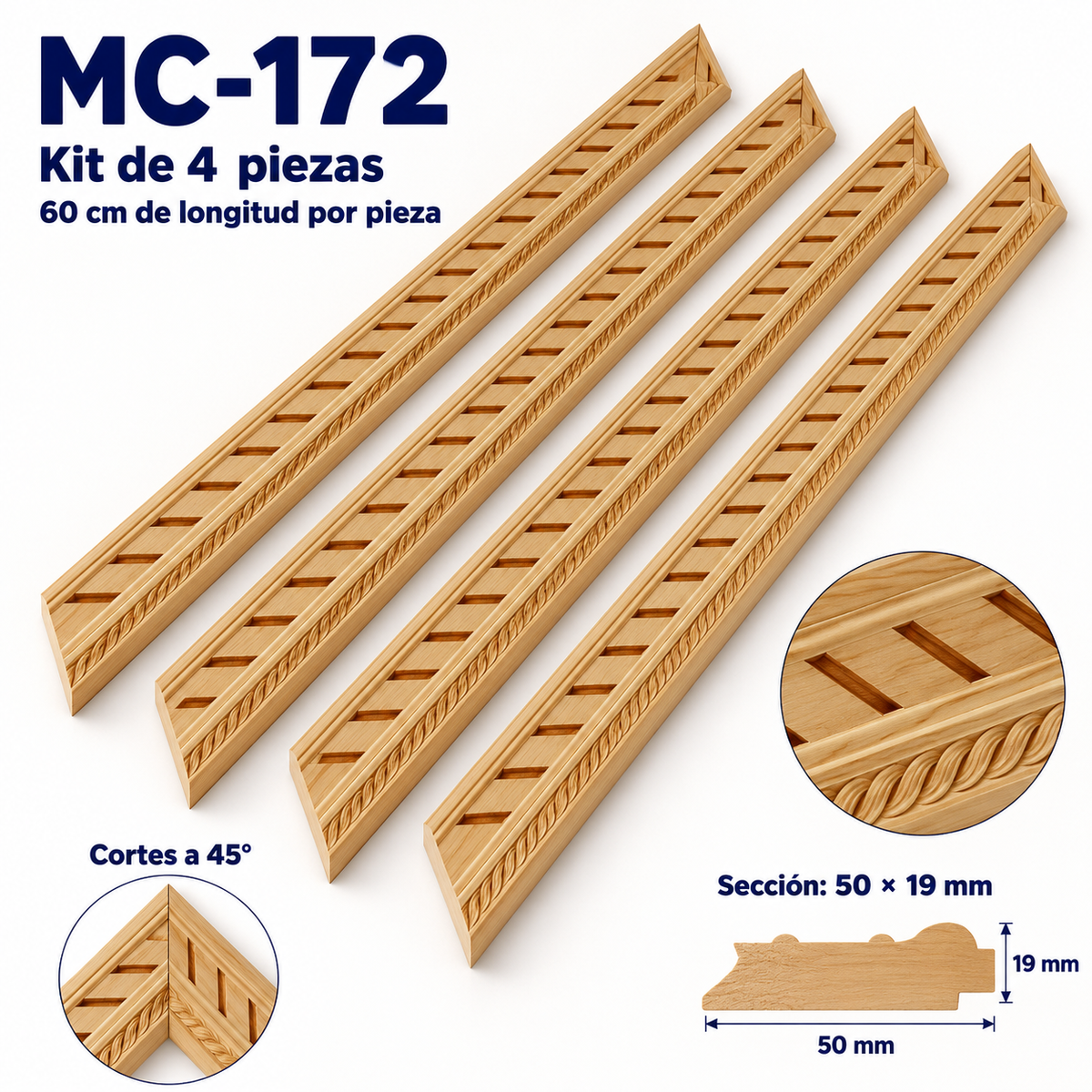 Moldura de madera grabada para marco MC172 – Kit de 4 piezas