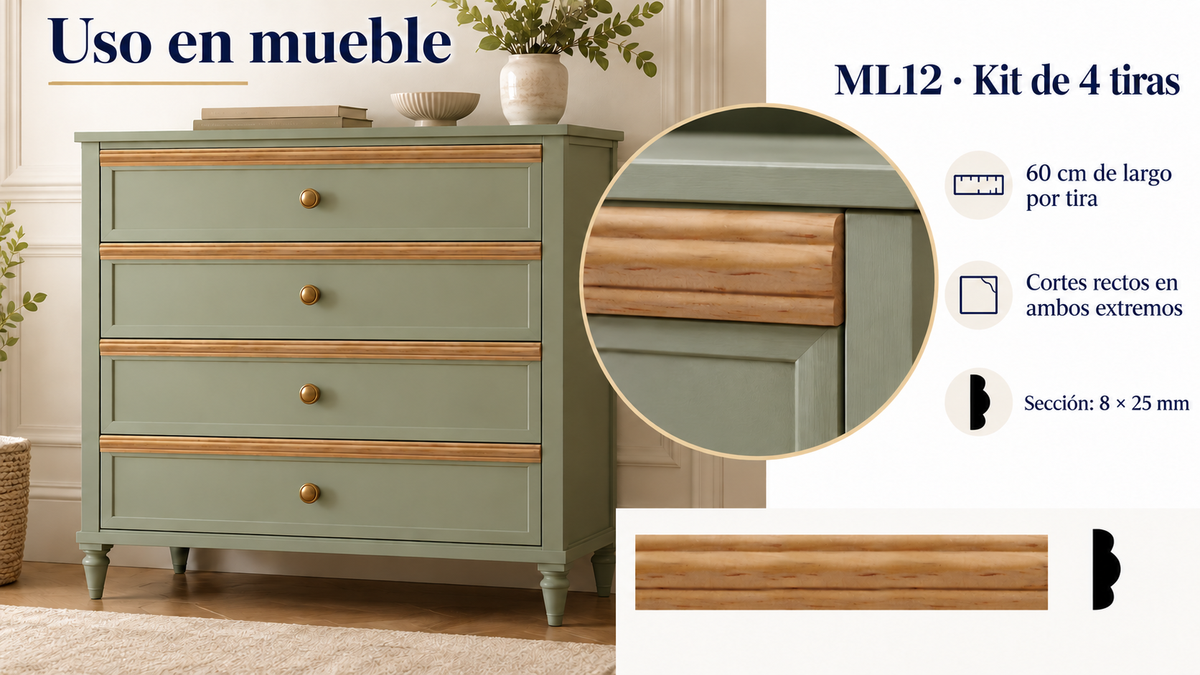 Moldura de madera lisa para mueble ML-12 – Kit de 4 Piezas