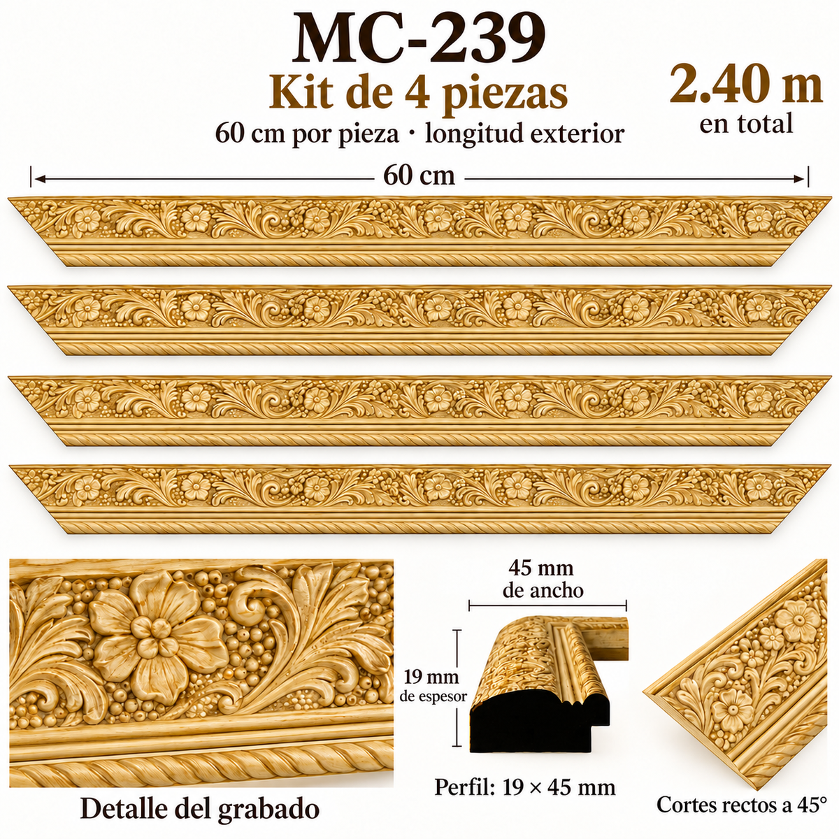 Moldura de madera grabada para marco MC239 – Kit de 4 piezas