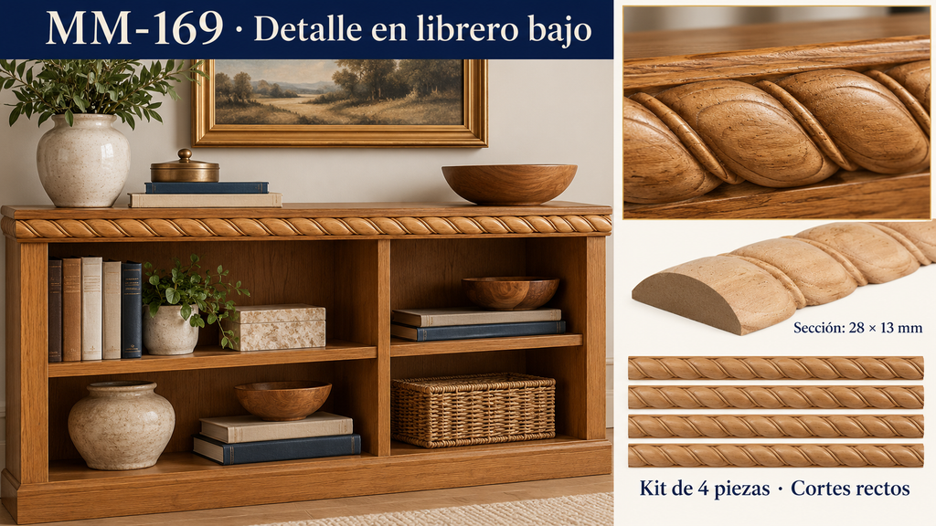 Kit 8 Molduras Media Caña Grabadas MM-169 de Madera | 55 cm c/u | Pino Natural