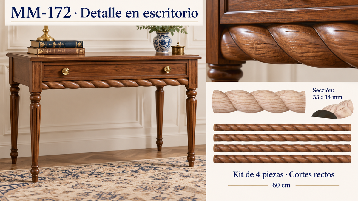 Kit 8 Molduras Media Caña Grabadas MM-172 de Madera | 55 cm c/u | Pino Natural