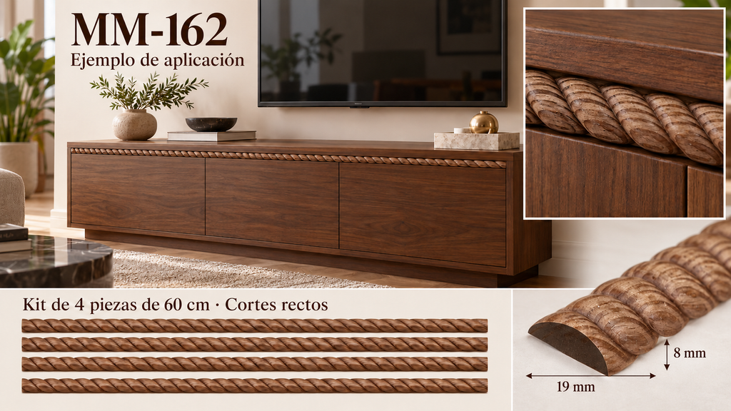 Kit 8 Molduras Media Caña Grabadas MM-162 de Madera | 55 cm c/u | Pino Natural