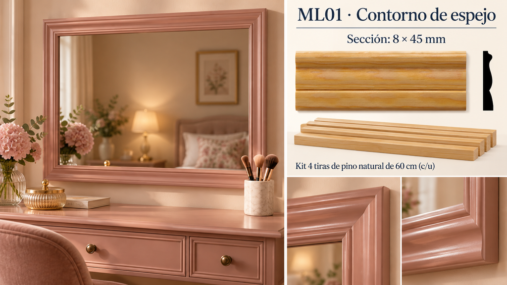Moldura de madera lisa para mueble ML-01 – Kit de 4 Piezas TIPO CHAMBRANA