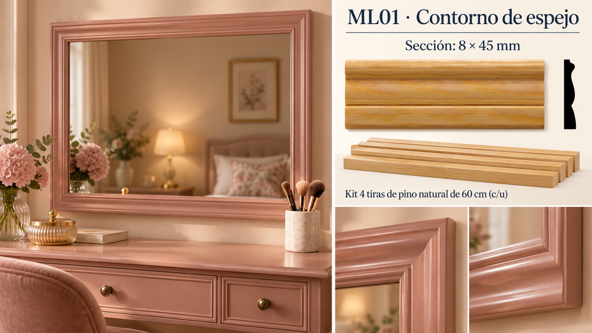 Moldura de madera lisa para mueble ML-01 – Kit de 4 Piezas TIPO CHAMBRANA