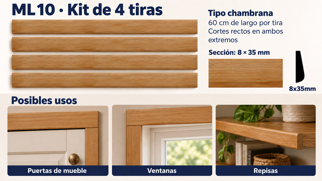 Moldura de madera lisa para mueble ML-10 – Kit de 4 Piezas TIPO CHAMBRANA