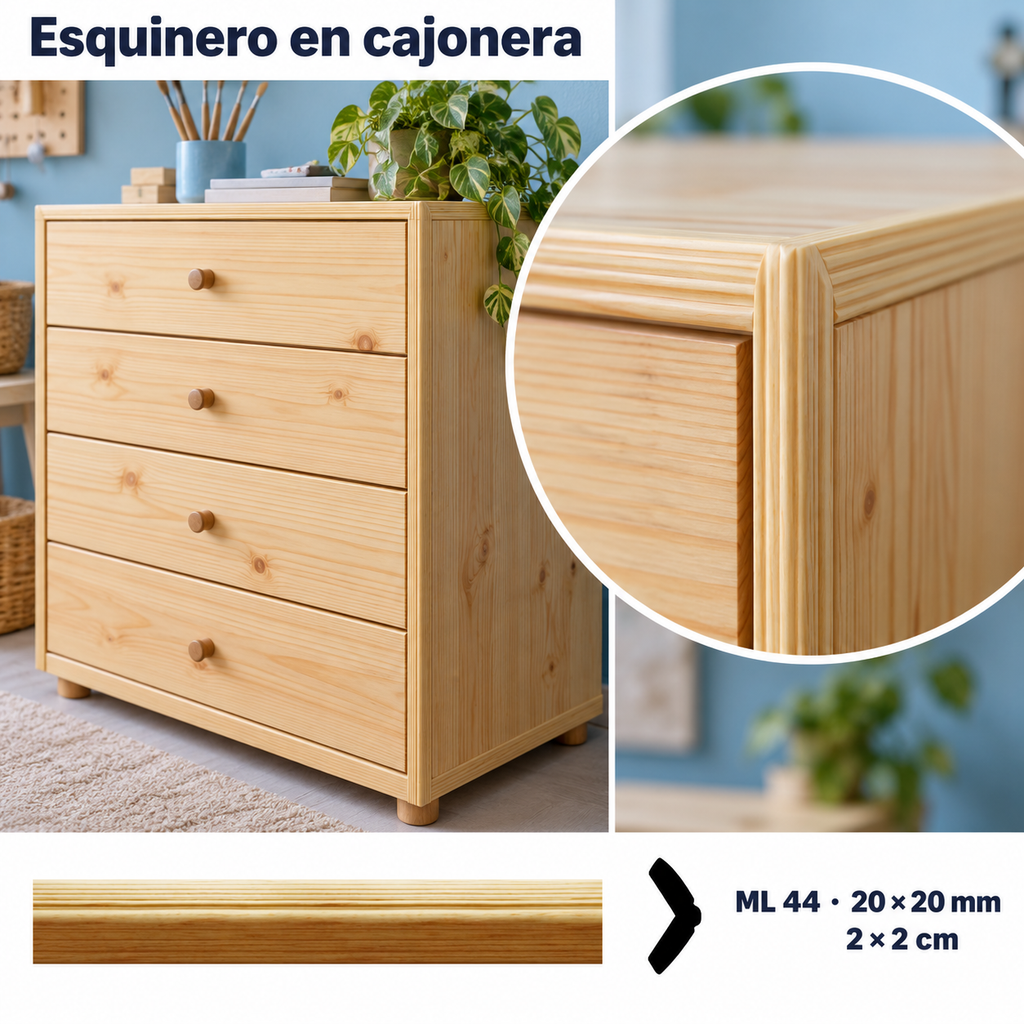 Moldura de madera lisa para mueble ML-44 – Kit de 4 Piezas TIPO ESQUINERA ESCUADRA