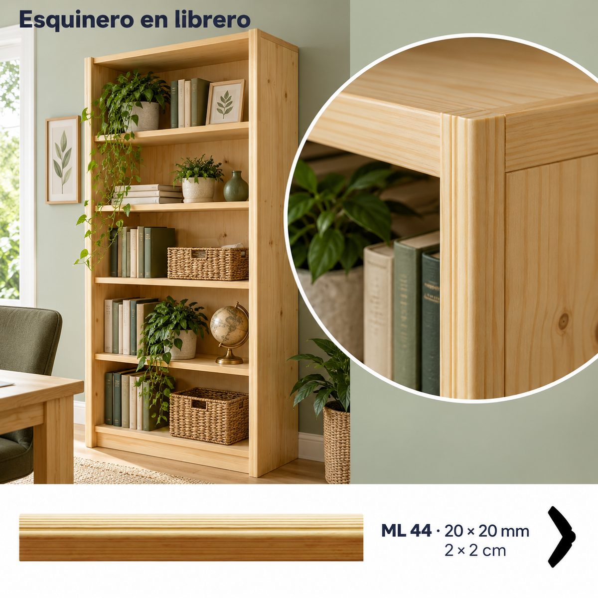 Moldura de madera lisa para mueble ML-44 – Kit de 4 Piezas TIPO ESQUINERA ESCUADRA