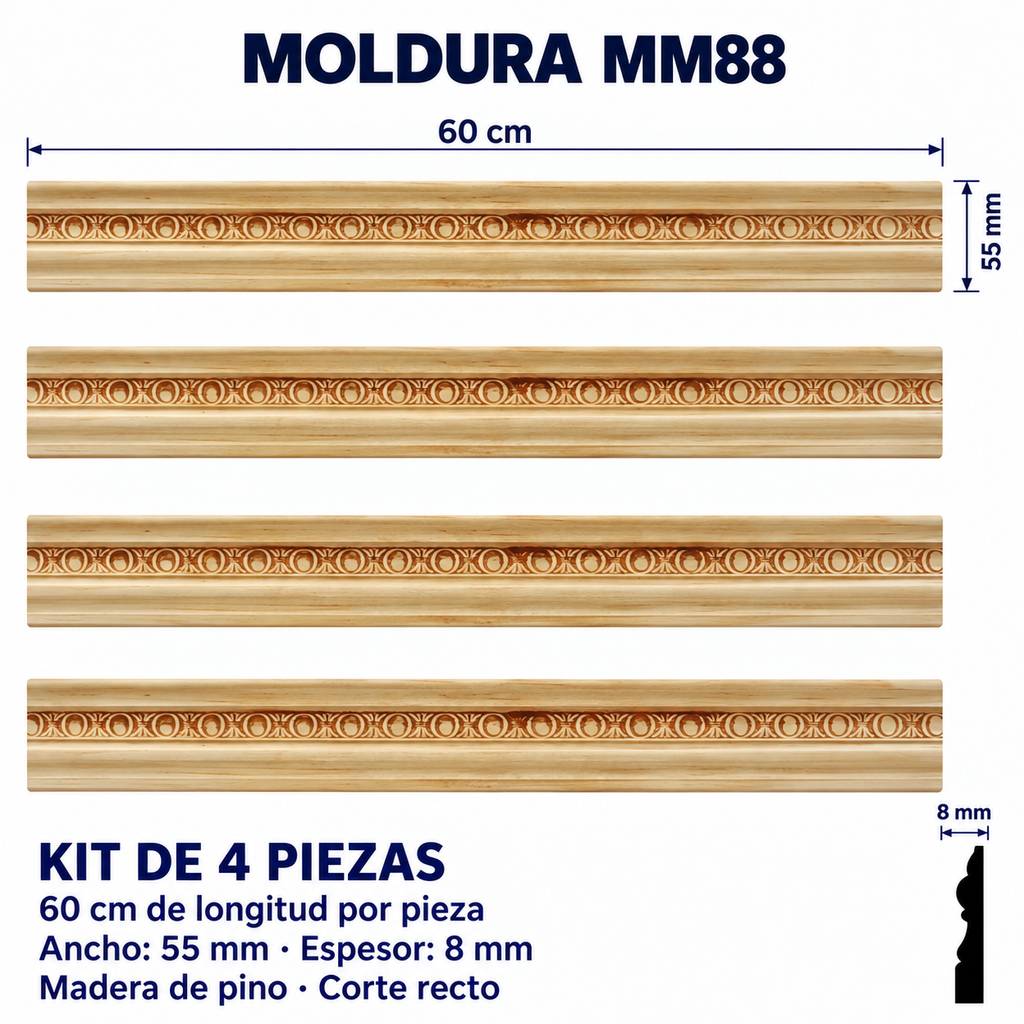 Moldura de madera grabada para mueble MM-88 – Kit de 4 piezas