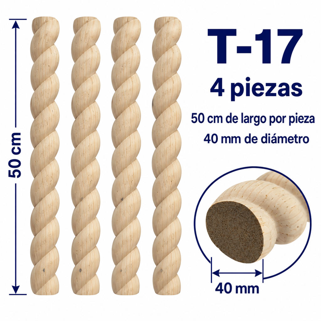 Kit 4 Bastones Trenzados T-17 de Madera | 50 cm c/u | Pino Natural para Proyectos DIY