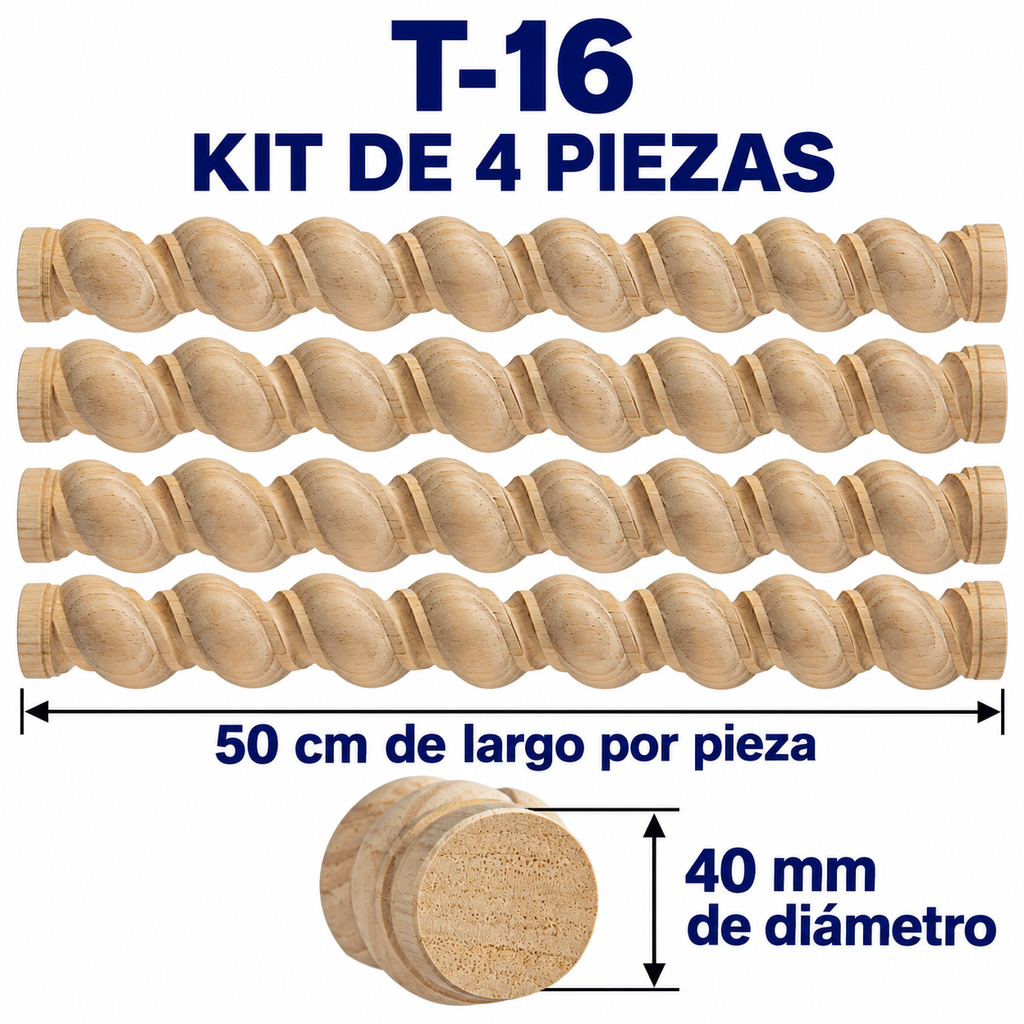 Kit 4 Bastones Trenzados T-16 de Madera | 55 cm c/u | Pino Natural para Proyectos DIY