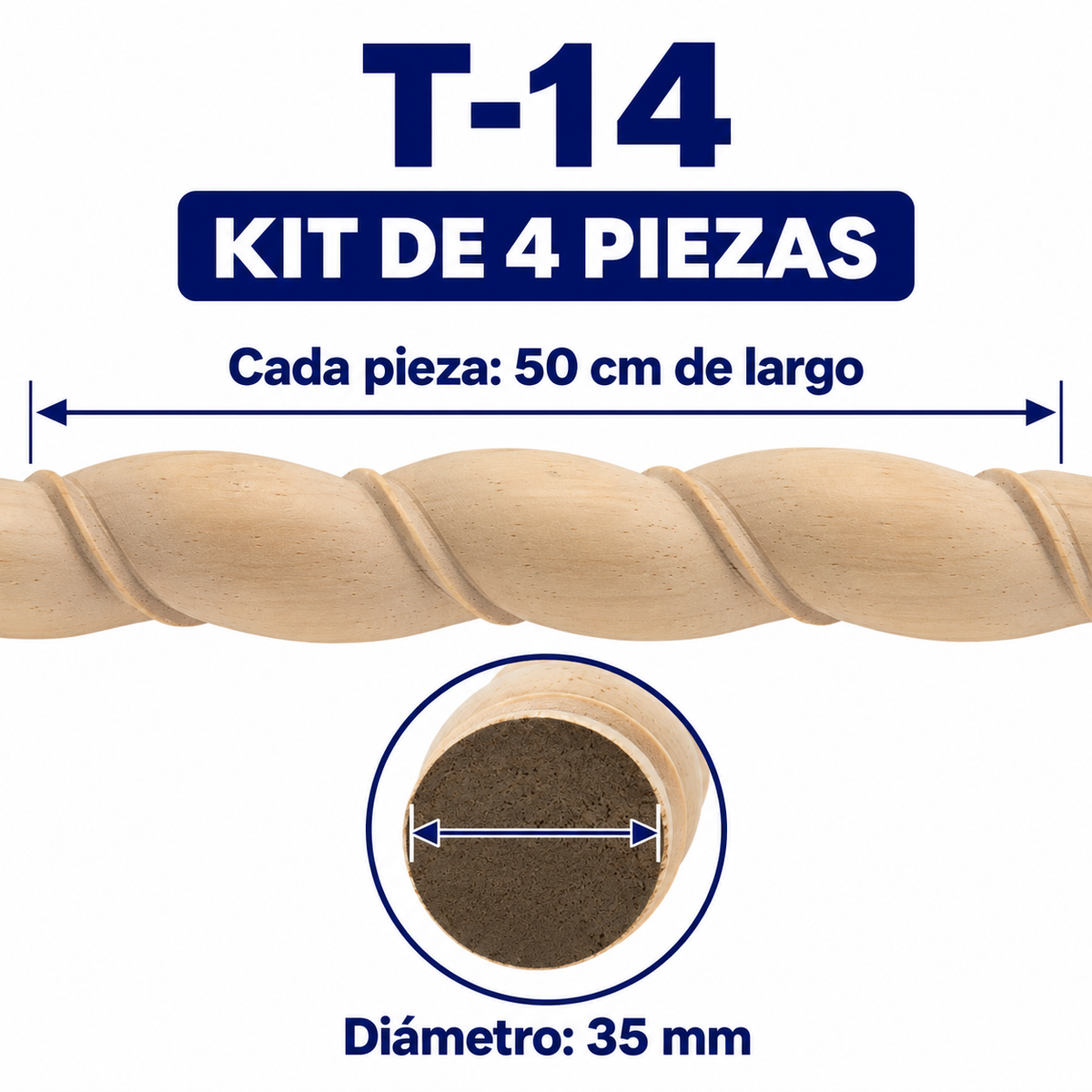 Kit 4 Bastones Trenzados T-14 de Madera | 55 cm c/u | Pino Natural para Proyectos DIY