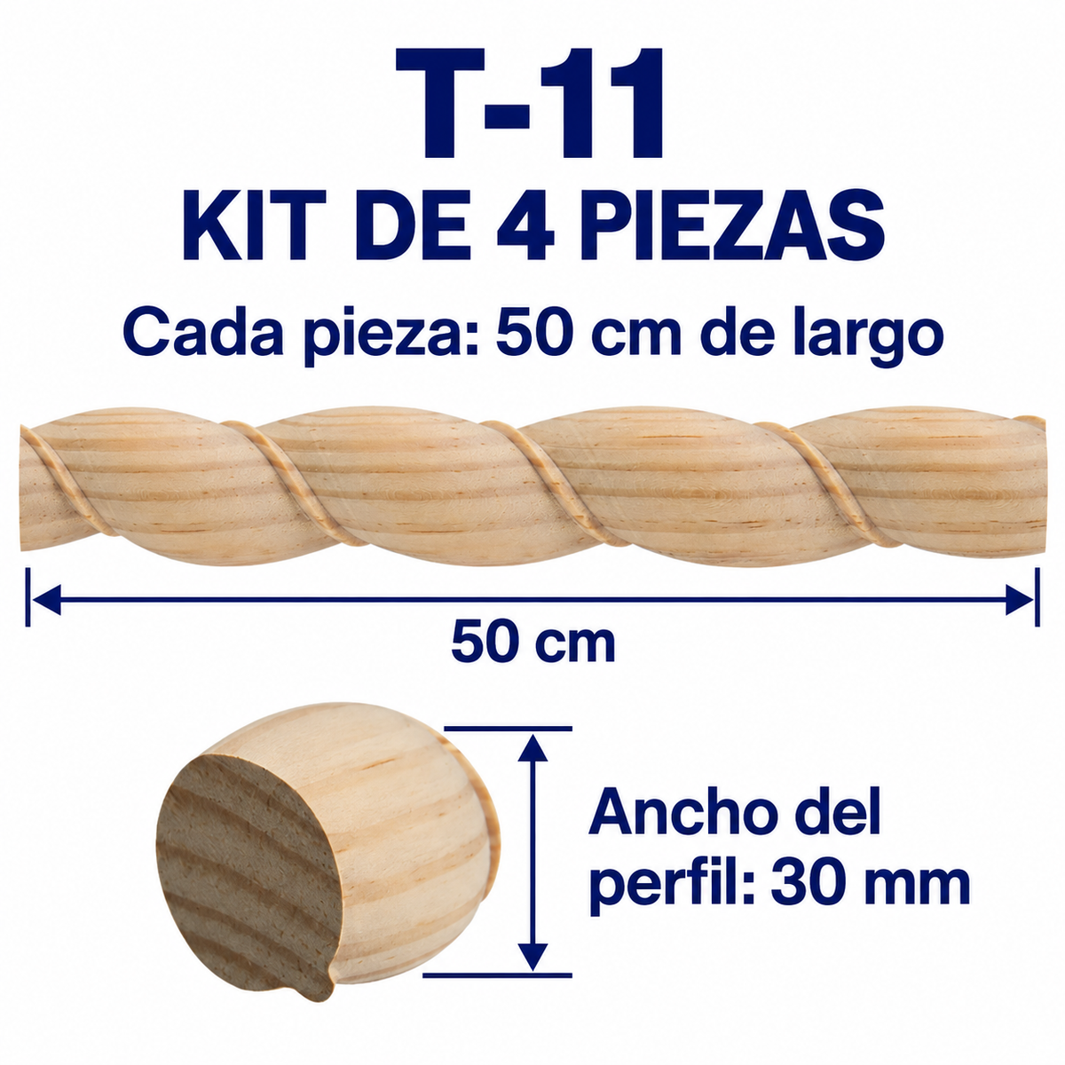 Kit 4 Bastones Trenzados T-11 de Madera | 55 cm c/u | Pino Natural para Proyectos DIY