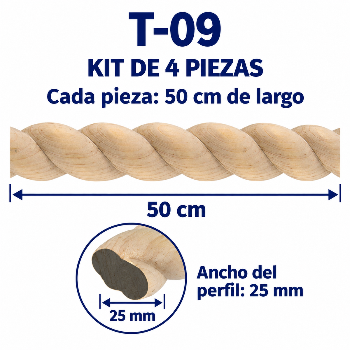 Kit 4 Bastones Trenzados T-09 de Madera | 55 cm c/u | Pino Natural para Proyectos DIY
