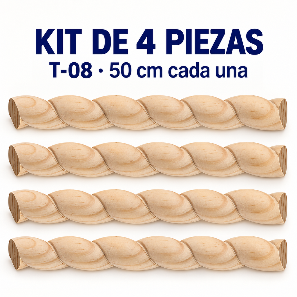 Kit 4 Bastones Trenzados T-08 de Madera | 55 cm c/u | Pino Natural para Proyectos DIY