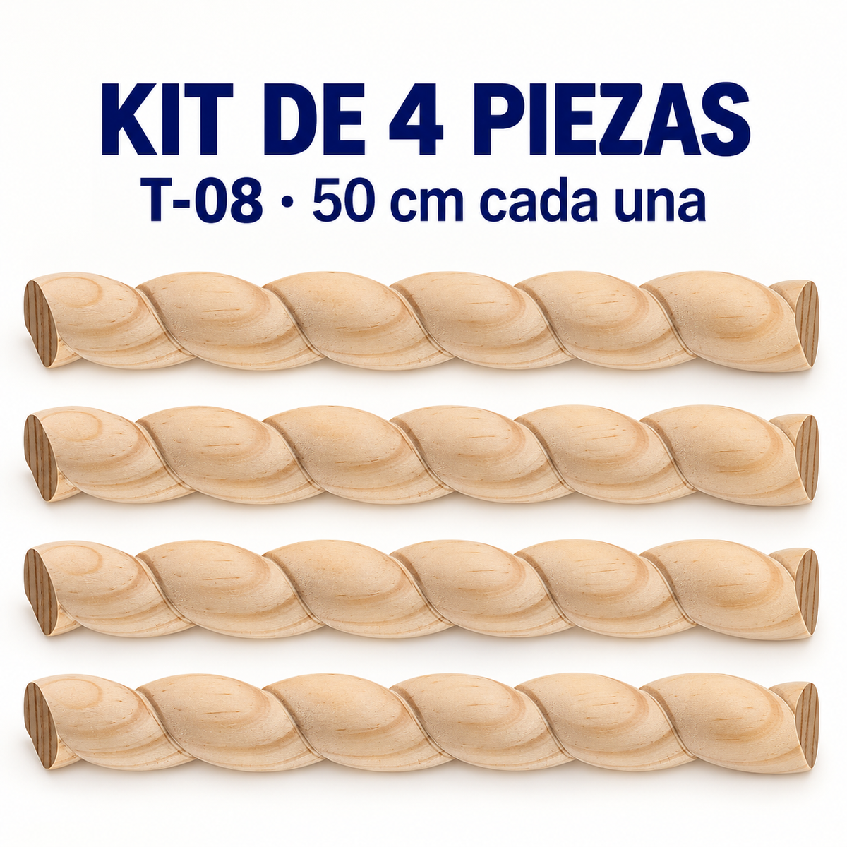 Kit 4 Bastones Trenzados T-08 de Madera | 55 cm c/u | Pino Natural para Proyectos DIY